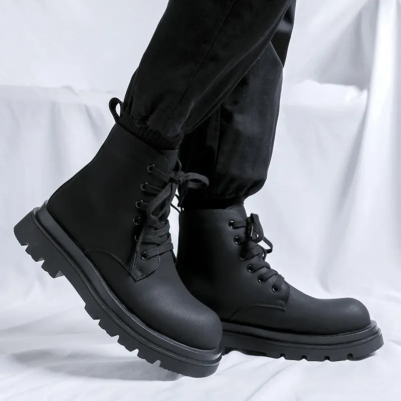 British style mens casual platform boots lace-up original leather shoes cowboy ankle boot spring autumn short chunky botas male