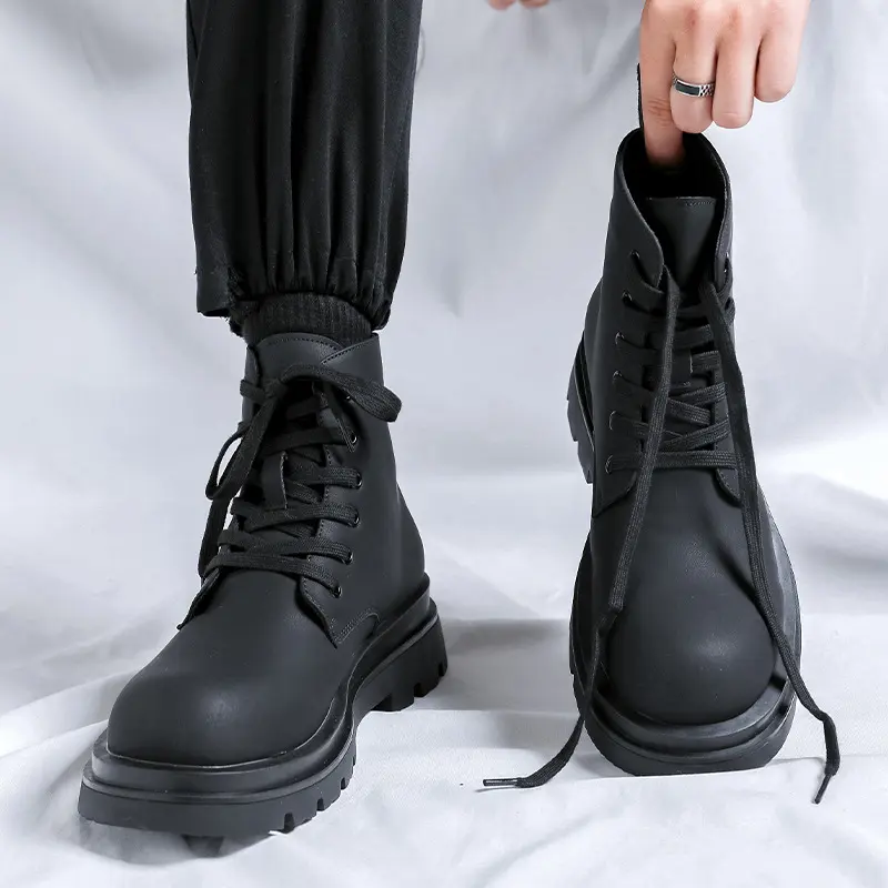 British style mens casual platform boots lace-up original leather shoes cowboy ankle boot spring autumn short chunky botas male