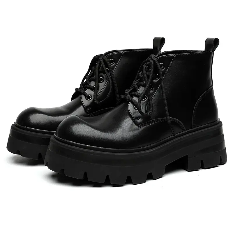 British style men casual platform boots lace-up genuine leather shoes punk rock dress cowboy ankle boot cool chunky short botas