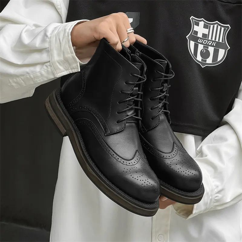 plus size men casual business office original leather boots carved brogue shoes black brown cowboy boot platform ankle botas man