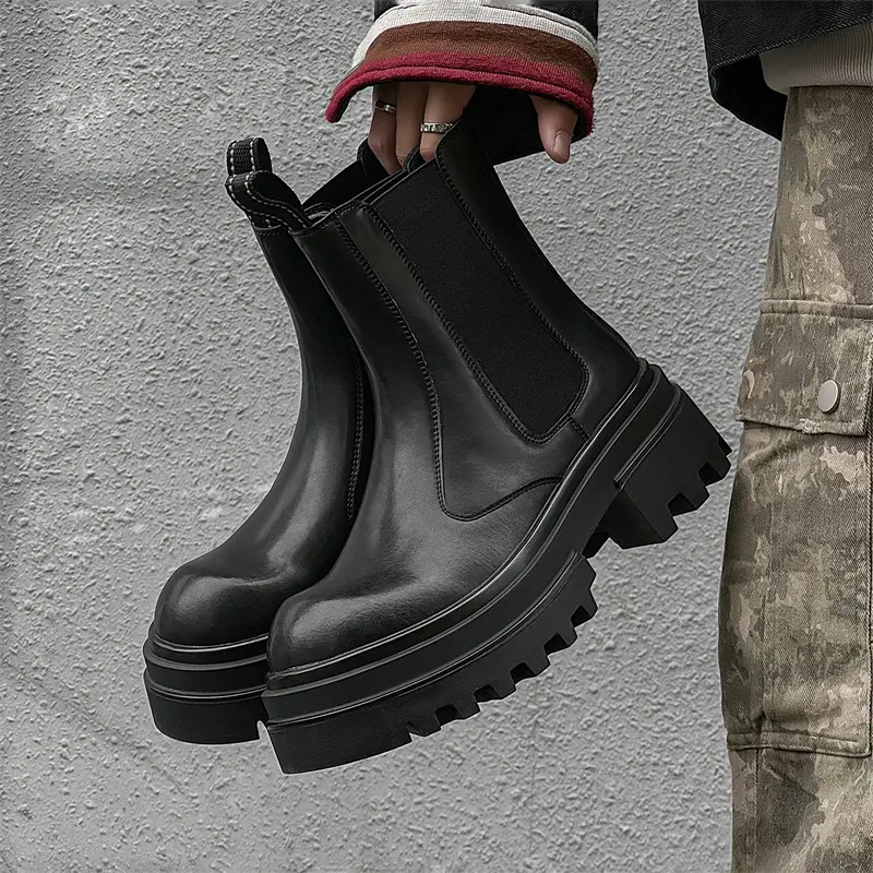 mens casual stage nightclub high chelsea boots black trendy genuine leather shoes cowboy platform boot long motorcycle botas man