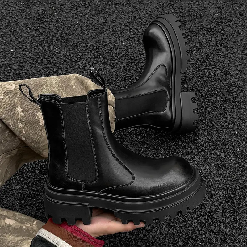 mens casual stage nightclub high chelsea boots black trendy genuine leather shoes cowboy platform boot long motorcycle botas man