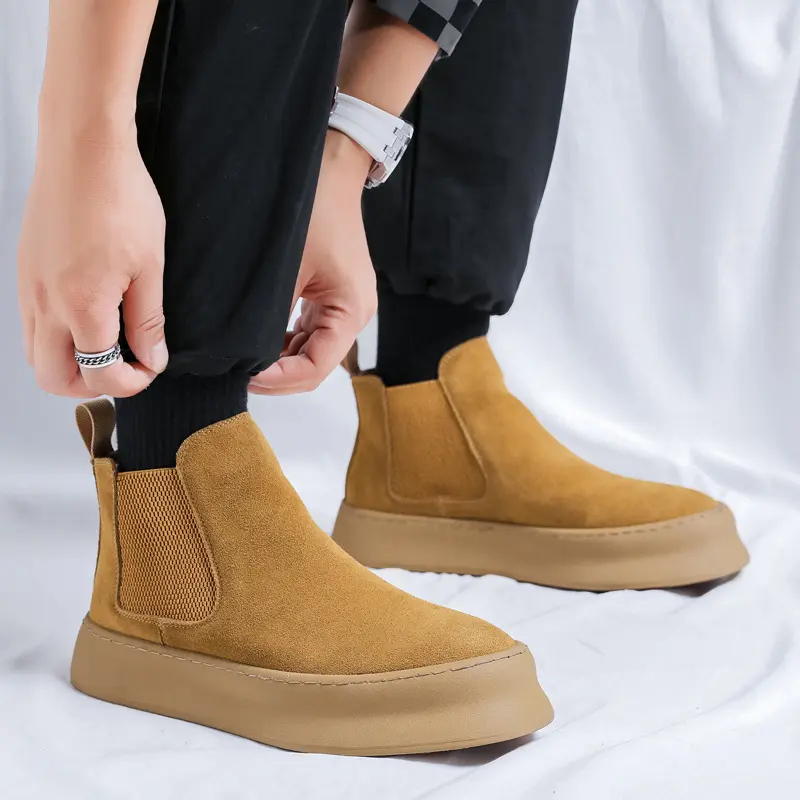 England style mens casual chelsea boots slip-on flats platform shoe cowboy ankle chunky boot cow suede leather short botas mans