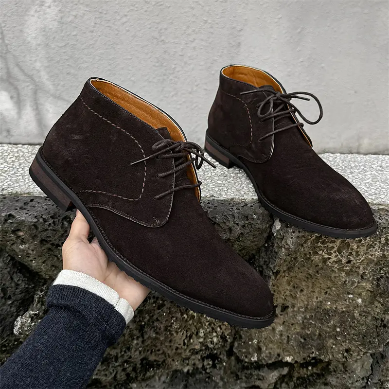 mens fashion business wedding vintage desert boots lace-up cow suede leather shoes brown cowboy ankle boot handsome short botas