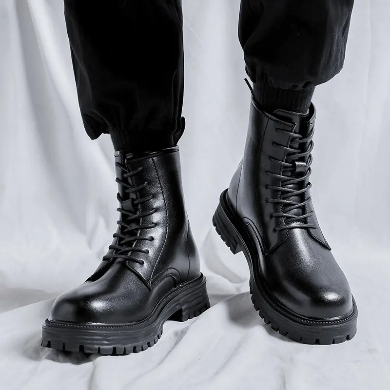 Korean style men leisure genuine leather boots black tide platform shoes lace-up cowboy boot spring autumn ankle botas zapatos