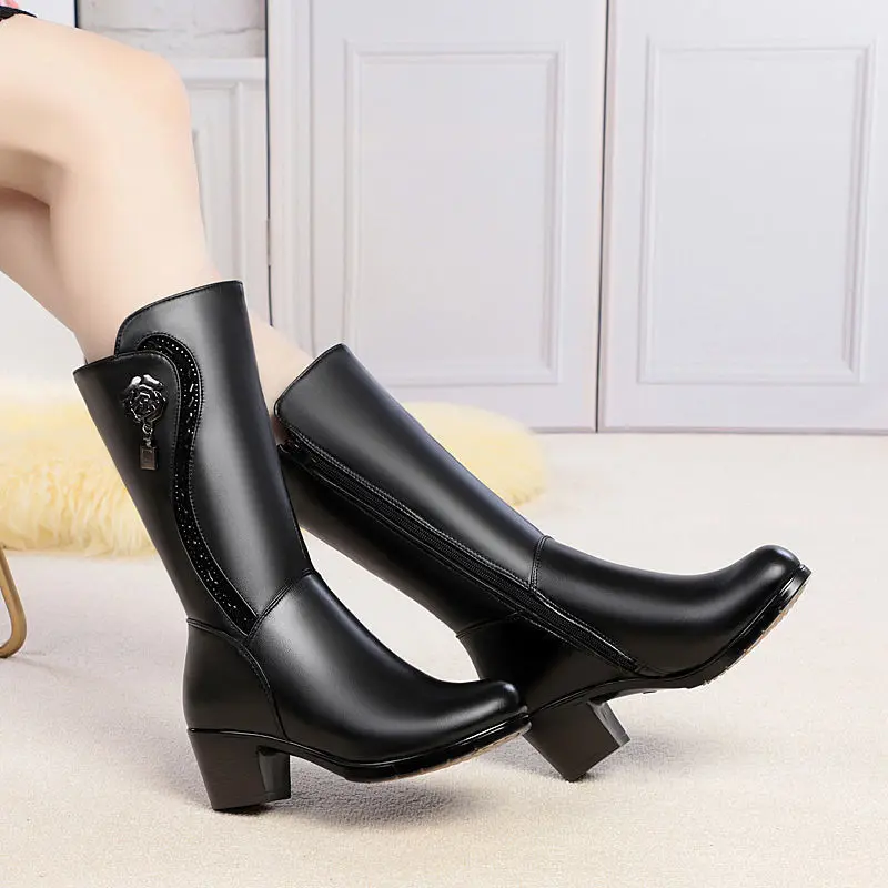 Women Pointed Toe Knee High Boots Winter New Trend Chunky Pumps Fashion Mid-calf Fleece Warm Shoes Ladies High Heel Cotton Shoes