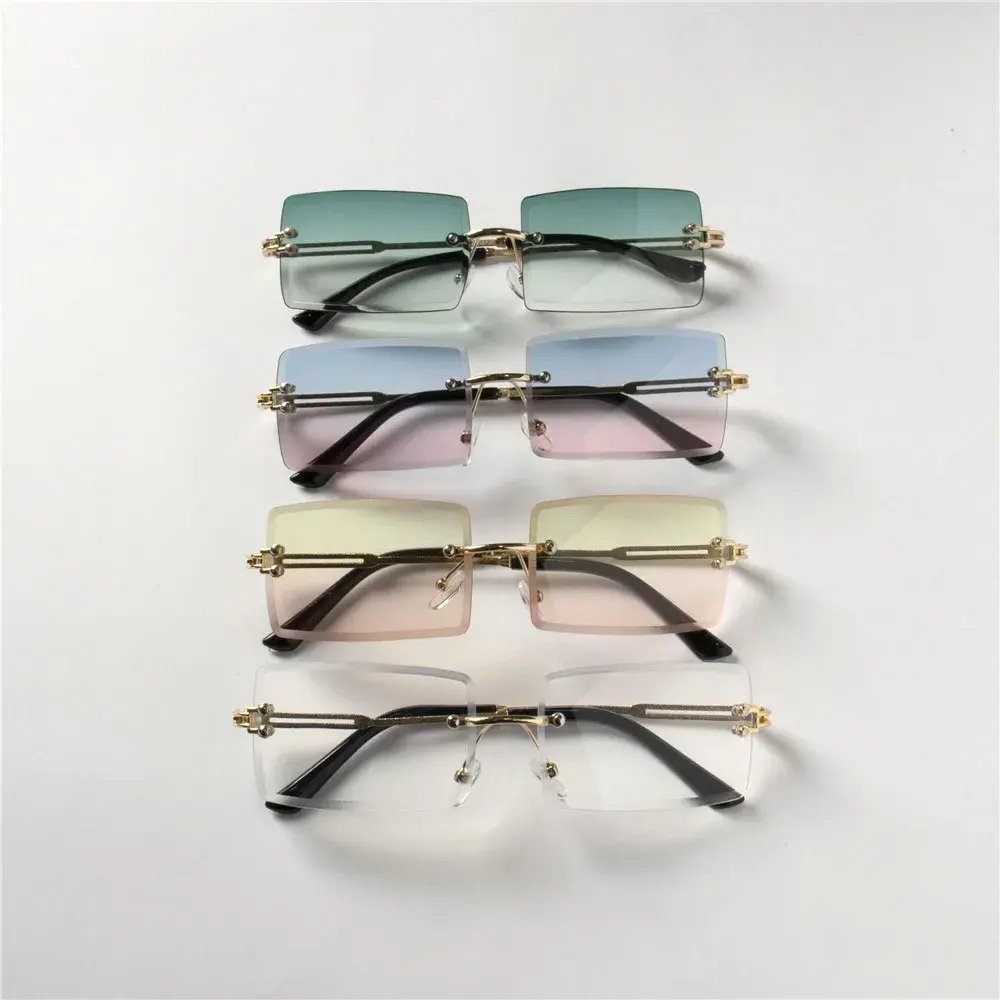 4PCS Fashion Rimless Sunglasses Women Trendy Small Rectangle Sun Glasses  Summer Traveling Style Brown Shades for men
