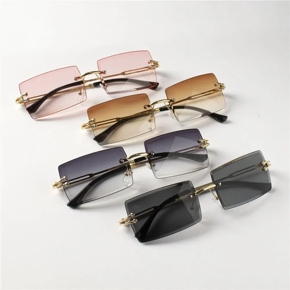 4PCS Fashion Rimless Sunglasses Women Trendy Small Rectangle Sun Glasses  Summer Traveling Style Brown Shades for men