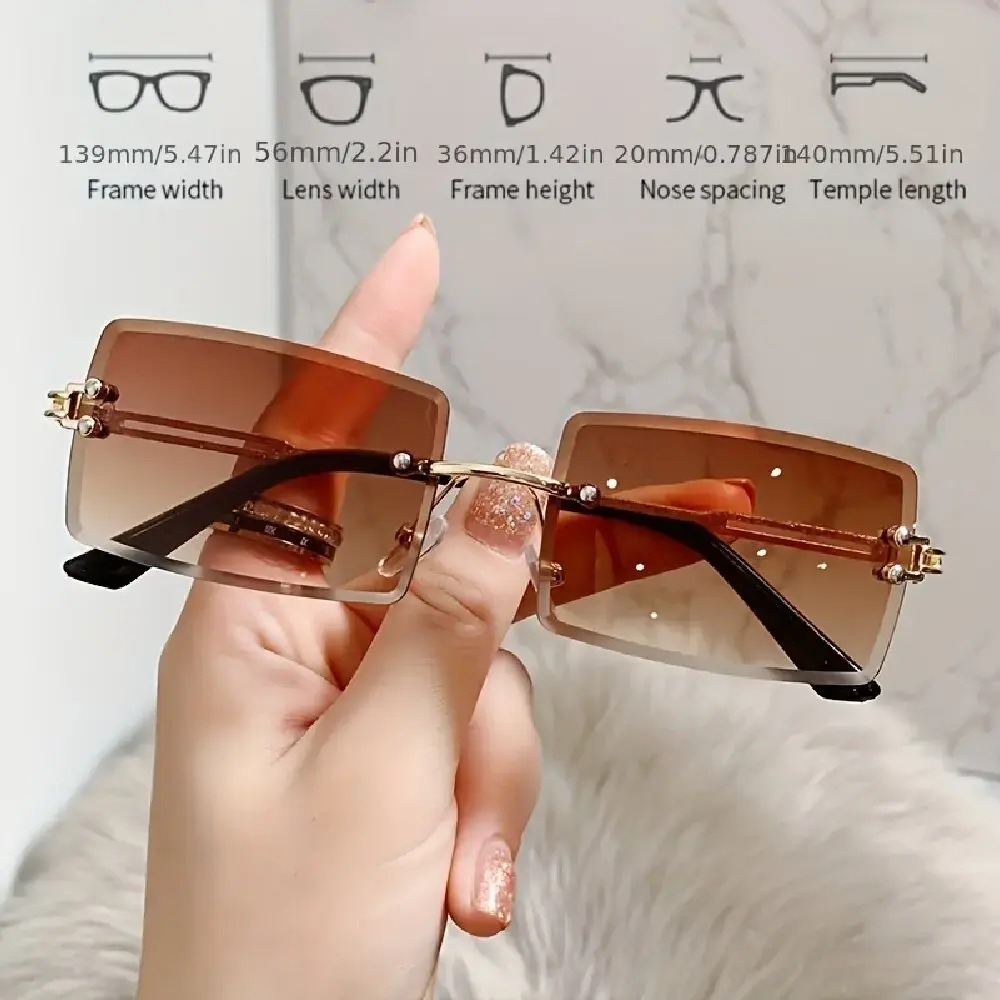 4PCS Fashion Rimless Sunglasses Women Trendy Small Rectangle Sun Glasses  Summer Traveling Style Brown Shades for men