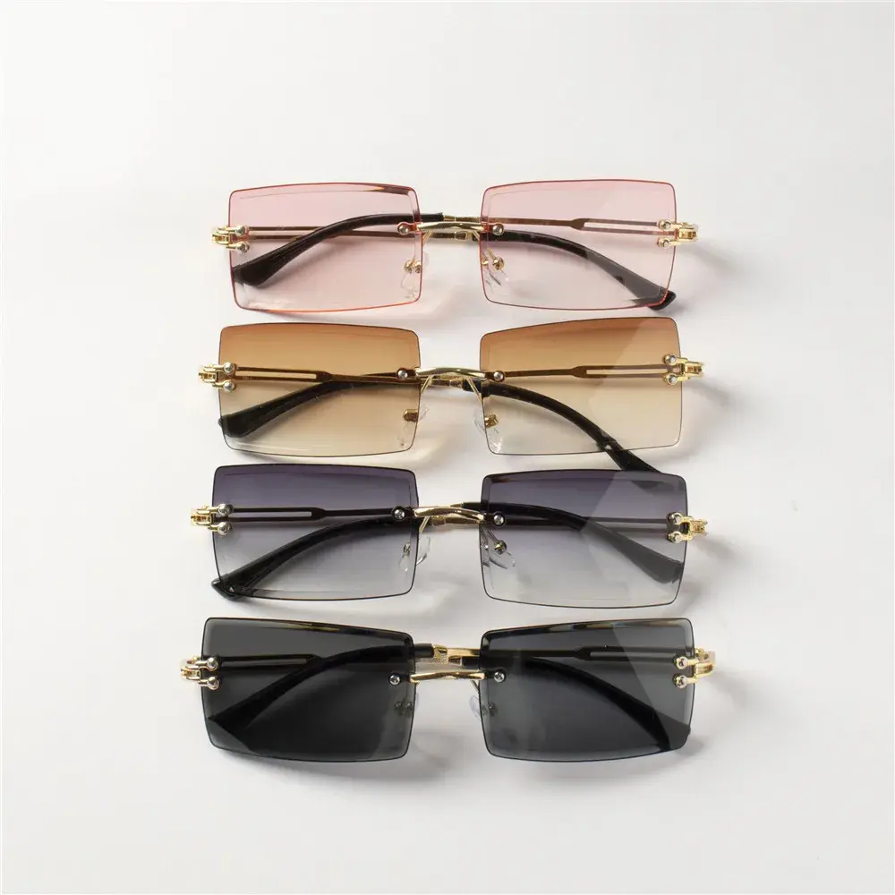4PCS Fashion Rimless Sunglasses Women Trendy Small Rectangle Sun Glasses  Summer Traveling Style Brown Shades for men