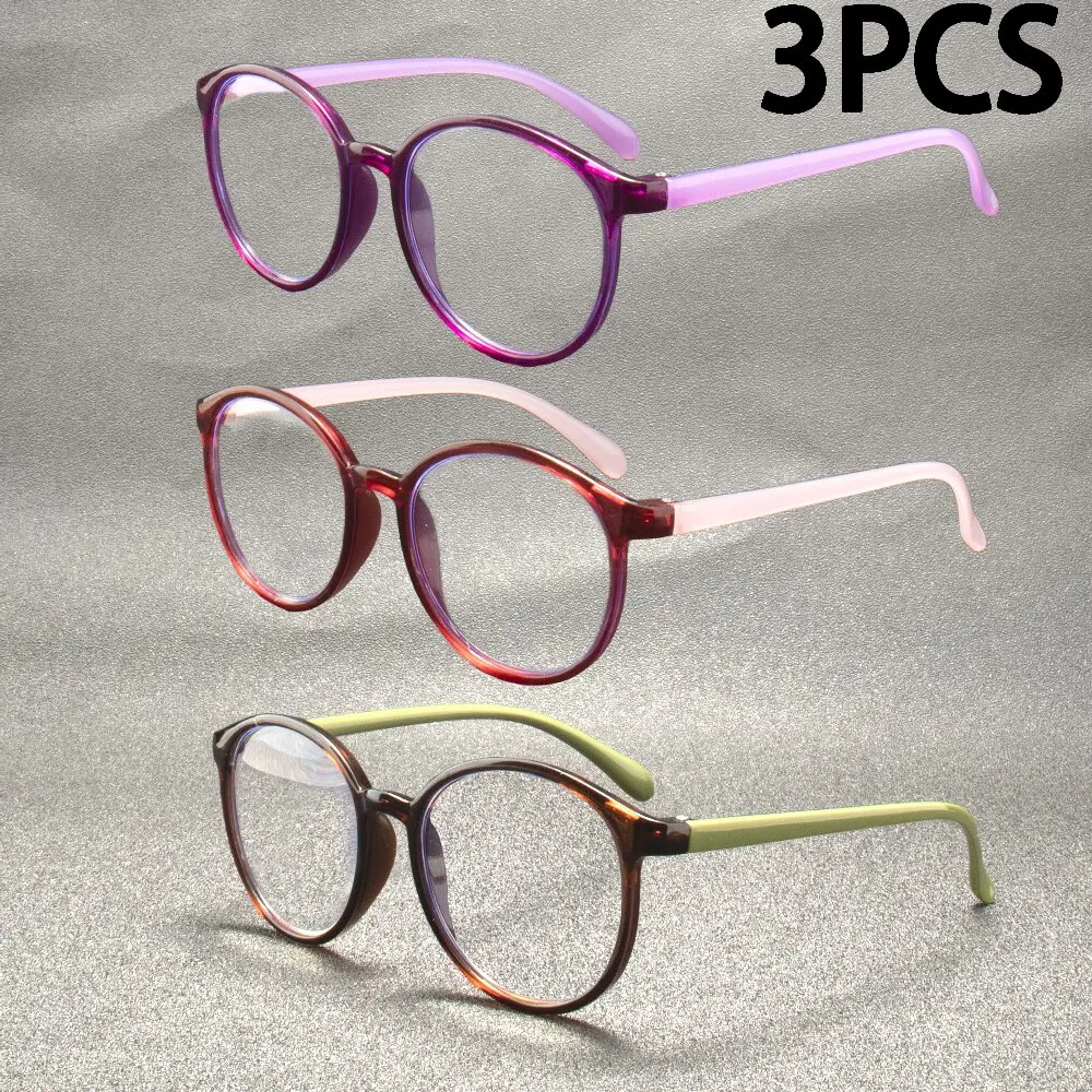 3PCS Round Non-Prescription Reading Glasses - Cute Full Rim PC Frame with Clear Polycarbonate Lenses