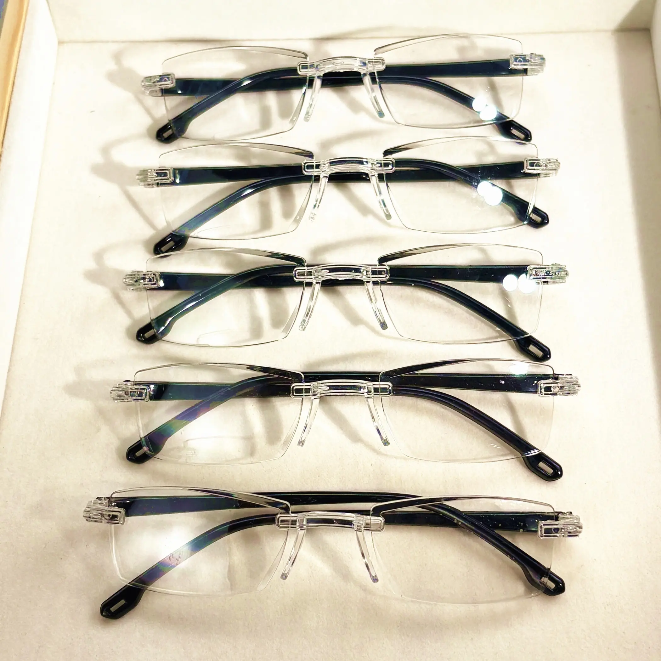 5-Pack Vintage Style Rimless Reading Glasses - Rectangular Frame, Blue Light Blocking, Anti-Fatigue, Unisex, Lightweight PC