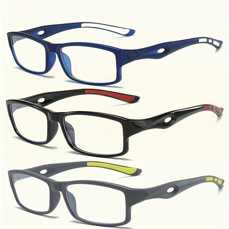 3PCS Sport Style Non-Prescription Reading Glasses Anti-Blue Light Rectangular Full Rim Eyewear, PC Frame Material