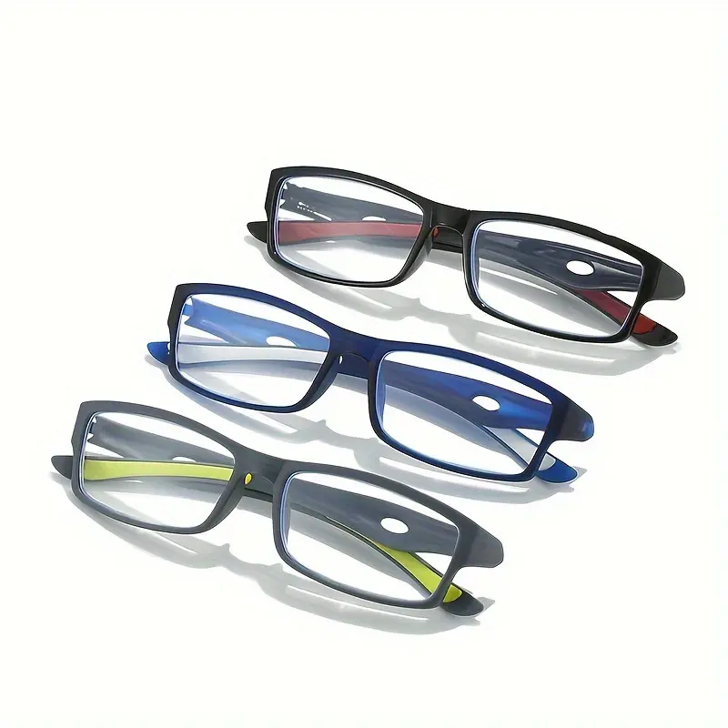 3PCS Sport Style Non-Prescription Reading Glasses Anti-Blue Light Rectangular Full Rim Eyewear, PC Frame Material
