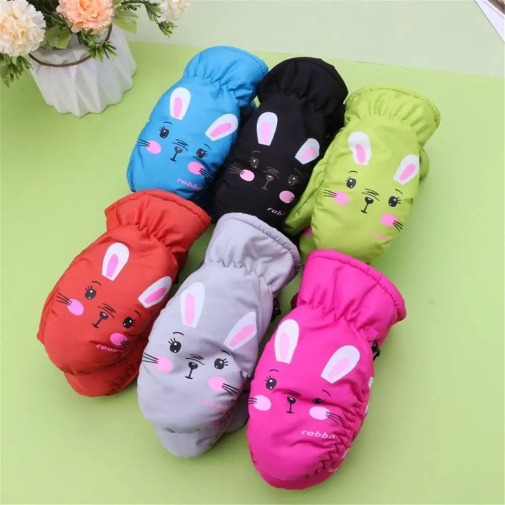 1 Pair Winter Ski Gloves Cartoon Rabbit Warm Non-slip Waterproof Windproof Mitten For Children Boys Girls Outdoor Sports Gloves