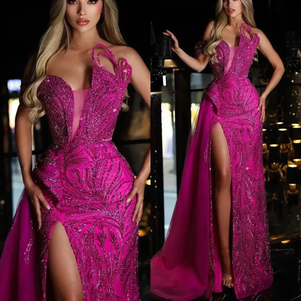 Customized Luxury Mermaid Evening Dress V Neck Appliques Sequins Floor Length Beaded Sparkly Prom Dress Formal Dress For Special