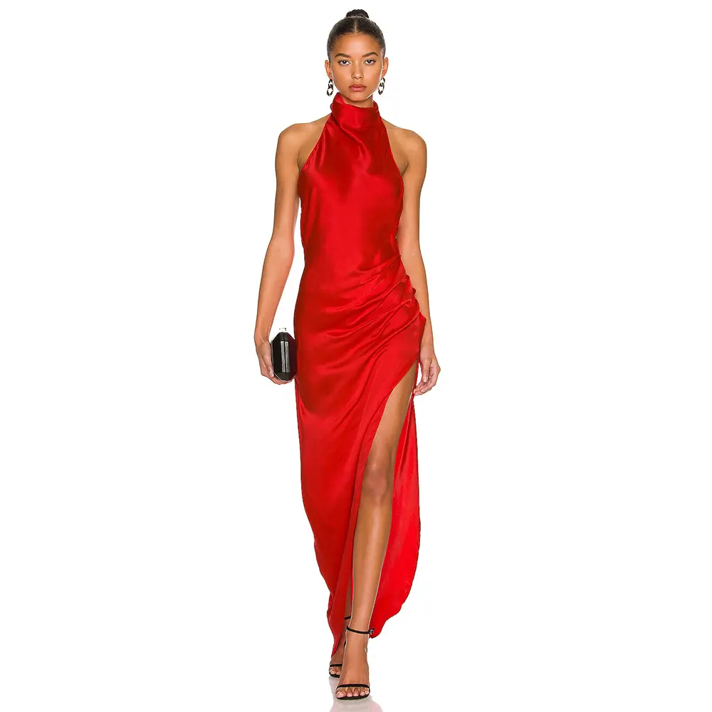 Sexy Evening Dress Backless Side Slit High Collar Asymmetrical Evening Gowns for Women Sleeveless Pleats Column Prom Dresses