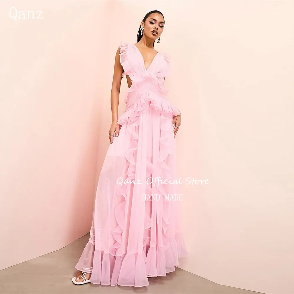 Qanz Chic Prom Dresses V Neck Pink Chiffon Ruffles High Slit Robe De Soirée Femme Sexy Backless Evening Dress Women Customized