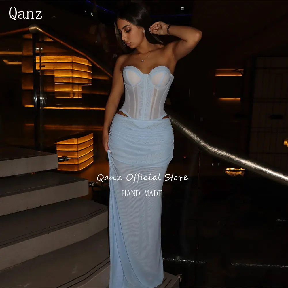 Qanz Sexy Mermaid Prom Dresses Sky Blue Chiffon Corset Illusion Bespoke Occasion Dresses Sweetheart Evening Dress Customized