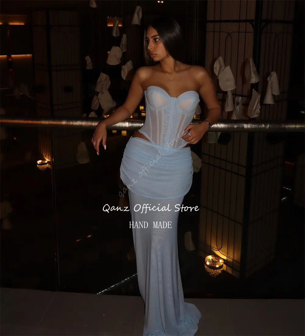 Qanz Sexy Mermaid Prom Dresses Sky Blue Chiffon Corset Illusion Bespoke Occasion Dresses Sweetheart Evening Dress Customized
