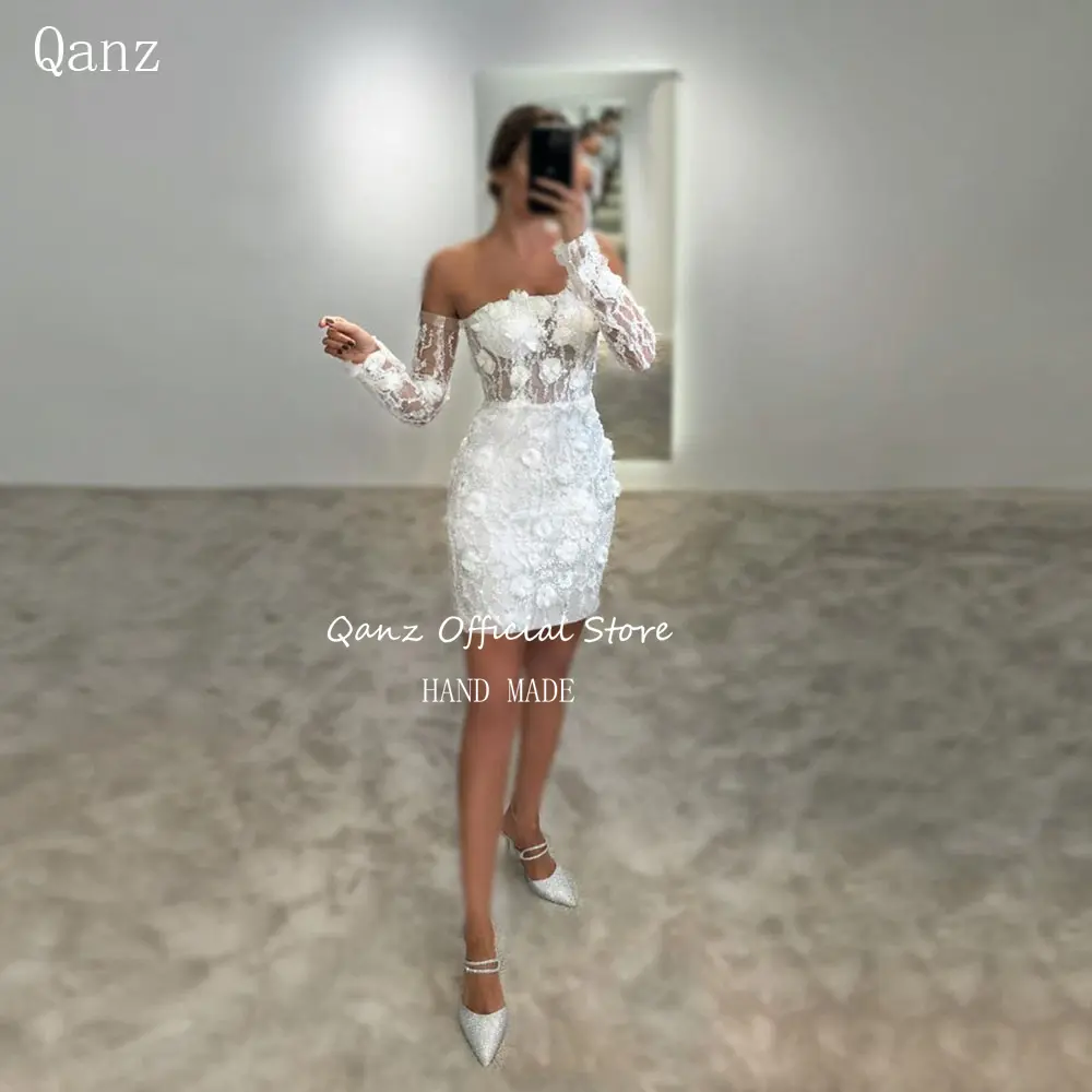 Qanz Gorgeous Flowers Wedding Dress Long Sleeves Above Length Robe De Mariée Sexy Open Back Short Party Gown Women Customized