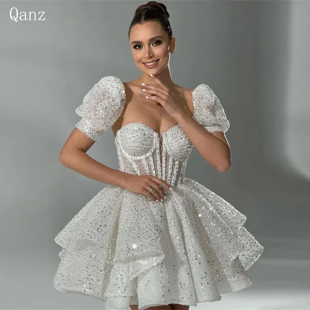 Qanz Short Sequined Beadings Wedding Dresses Puff Sleeves Princess Sweetheart Party Dresses Dress Women Luxury Customized