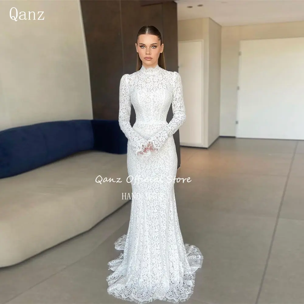 Qanz Bohemian Full Lace Wedding Dresses Mermaid Long Sleeves Bones Elegant Vestidos De Novia Boda Boho Bridal Dress Customized