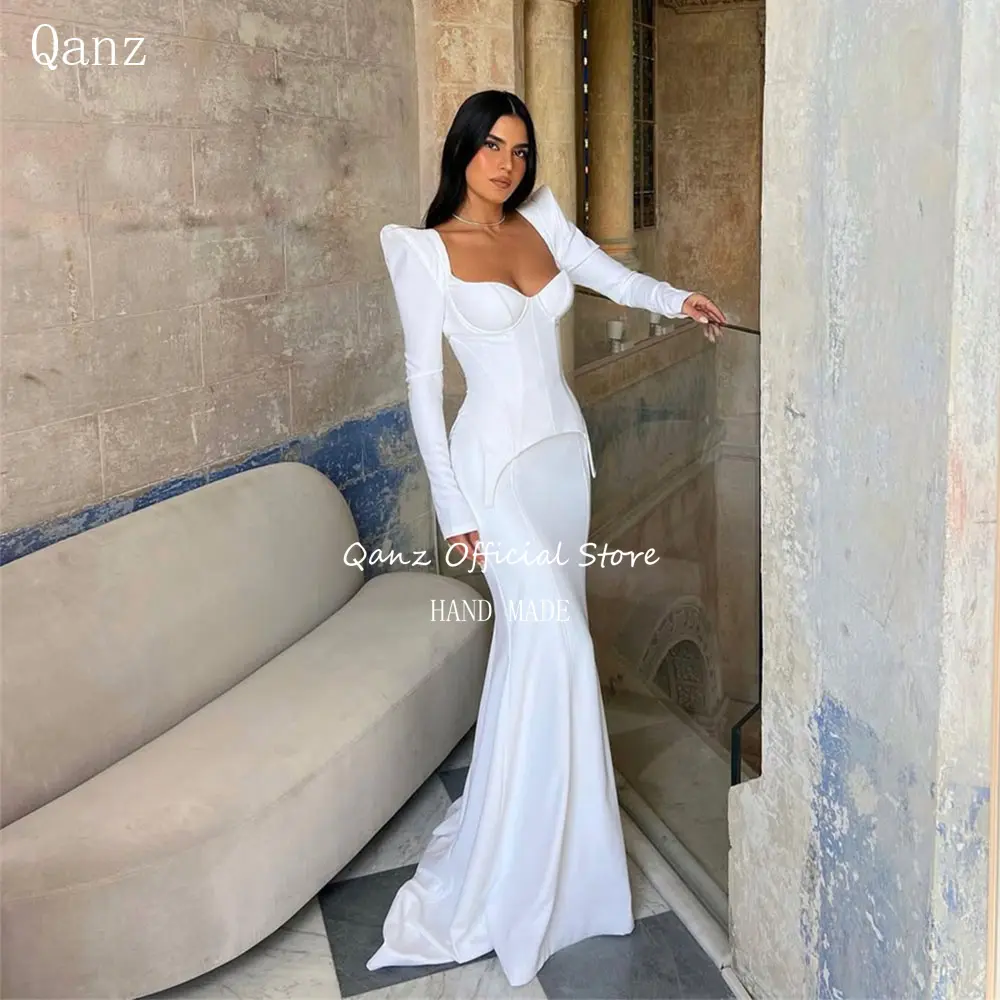Qanz Sheath Mermaid Wedding Dress Women White Satin Long Sleeves Sweethert Robe De Mariage Femme Corset Bridal Gowns Customized