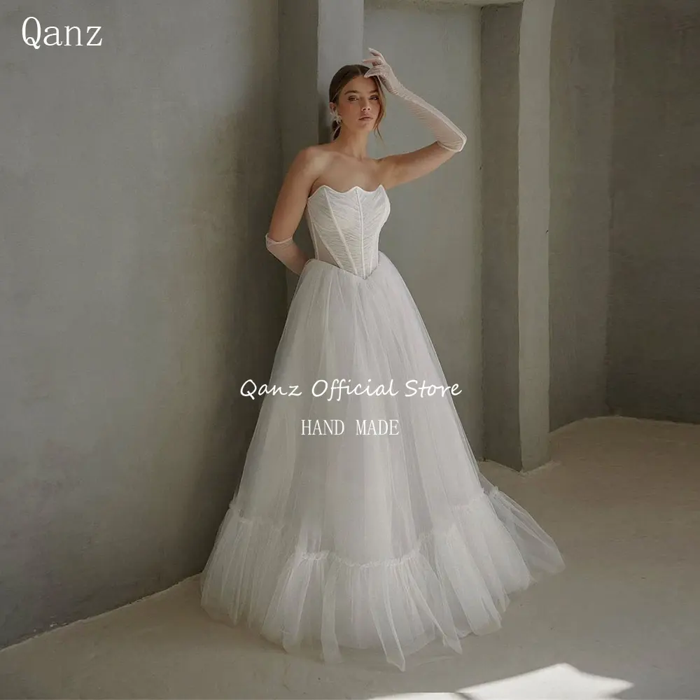 Qanz Boho Wedding Dress Tulle Long A Line Lace Up Back Bride Dress Women Strapless Bones Vestidos De Novia 2025 Customized