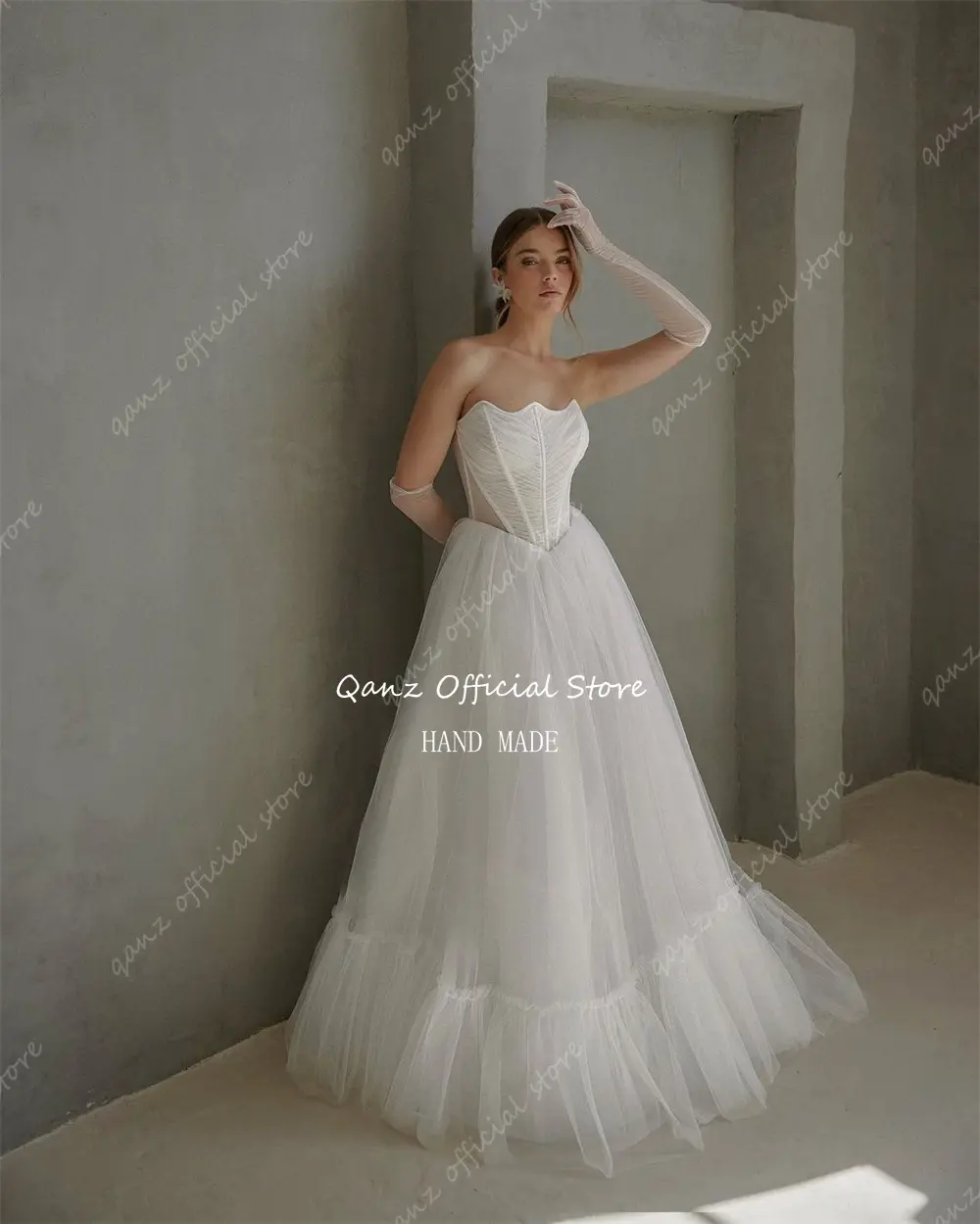 Qanz Boho Wedding Dress Tulle Long A Line Lace Up Back Bride Dress Women Strapless Bones Vestidos De Novia 2025 Customized