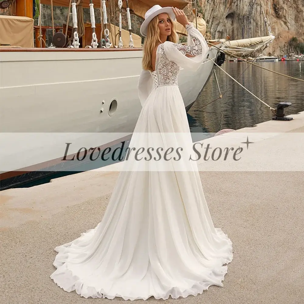 Customized Bohemian V-Neck Side Slit Wedding Gowns for Brides Lace Long Sleeve Chiffon Civil Bridal Dress Lace Up Back Vestido