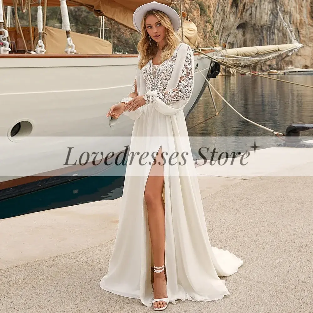 Customized Bohemian V-Neck Side Slit Wedding Gowns for Brides Lace Long Sleeve Chiffon Civil Bridal Dress Lace Up Back Vestido