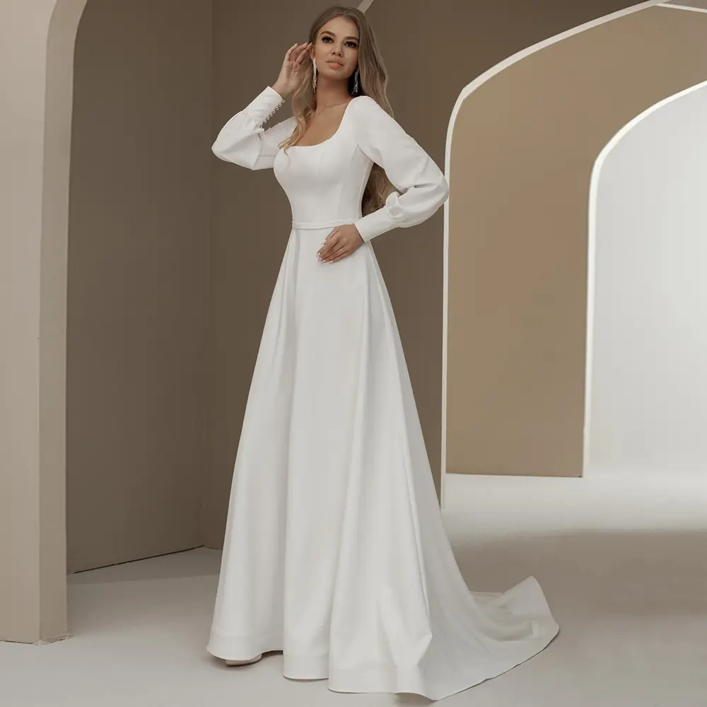Pure Ivory A-line Simple Wedding Dress Customized Ladies Jersey Square Neck Long Sleeves Court Train Zipper Back Bridal Gowns