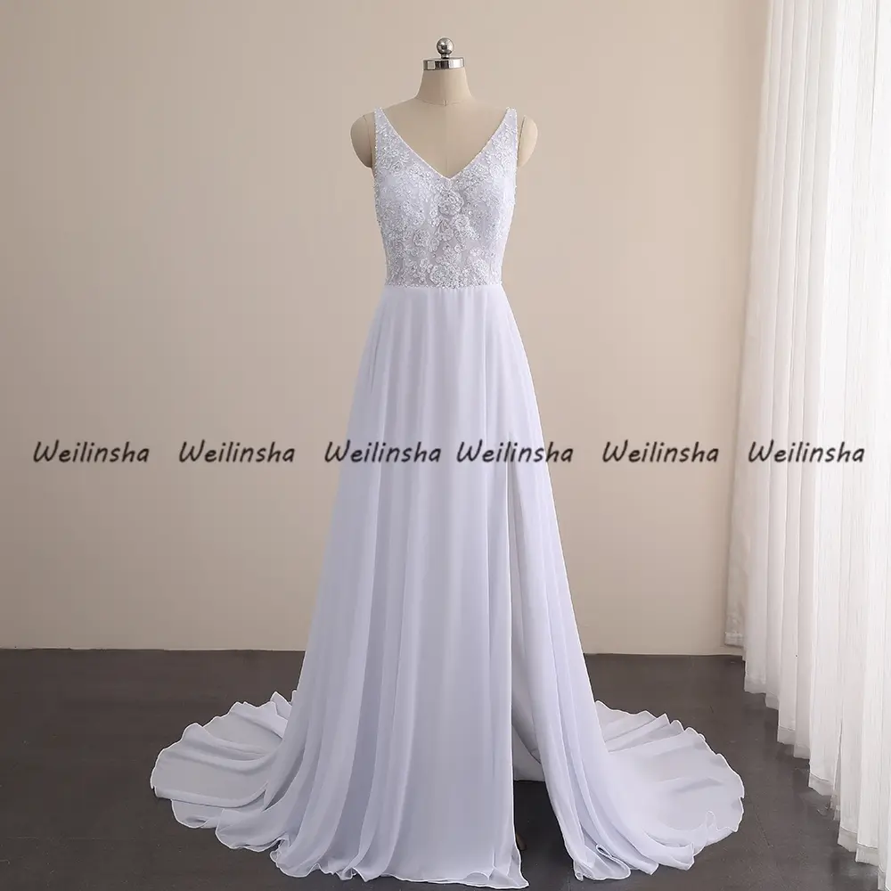 Customized Wedding Dresses V-Neck Cap Sleeve 2025 Chiffon A Line Sweep Train Bridal Gowns Lace Applique Summer Bridal Dress