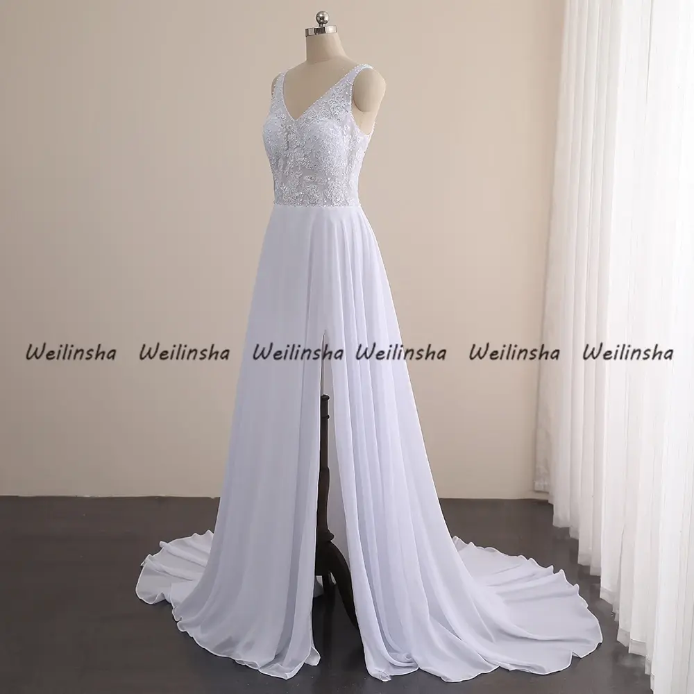 Customized Wedding Dresses V-Neck Cap Sleeve 2025 Chiffon A Line Sweep Train Bridal Gowns Lace Applique Summer Bridal Dress