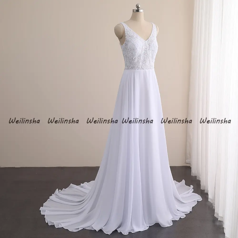 Customized Wedding Dresses V-Neck Cap Sleeve 2025 Chiffon A Line Sweep Train Bridal Gowns Lace Applique Summer Bridal Dress