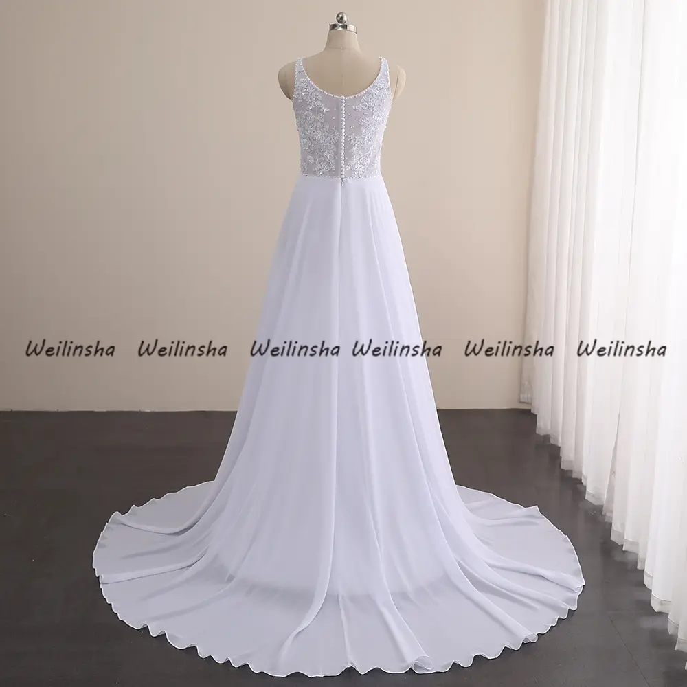 Customized Wedding Dresses V-Neck Cap Sleeve 2025 Chiffon A Line Sweep Train Bridal Gowns Lace Applique Summer Bridal Dress