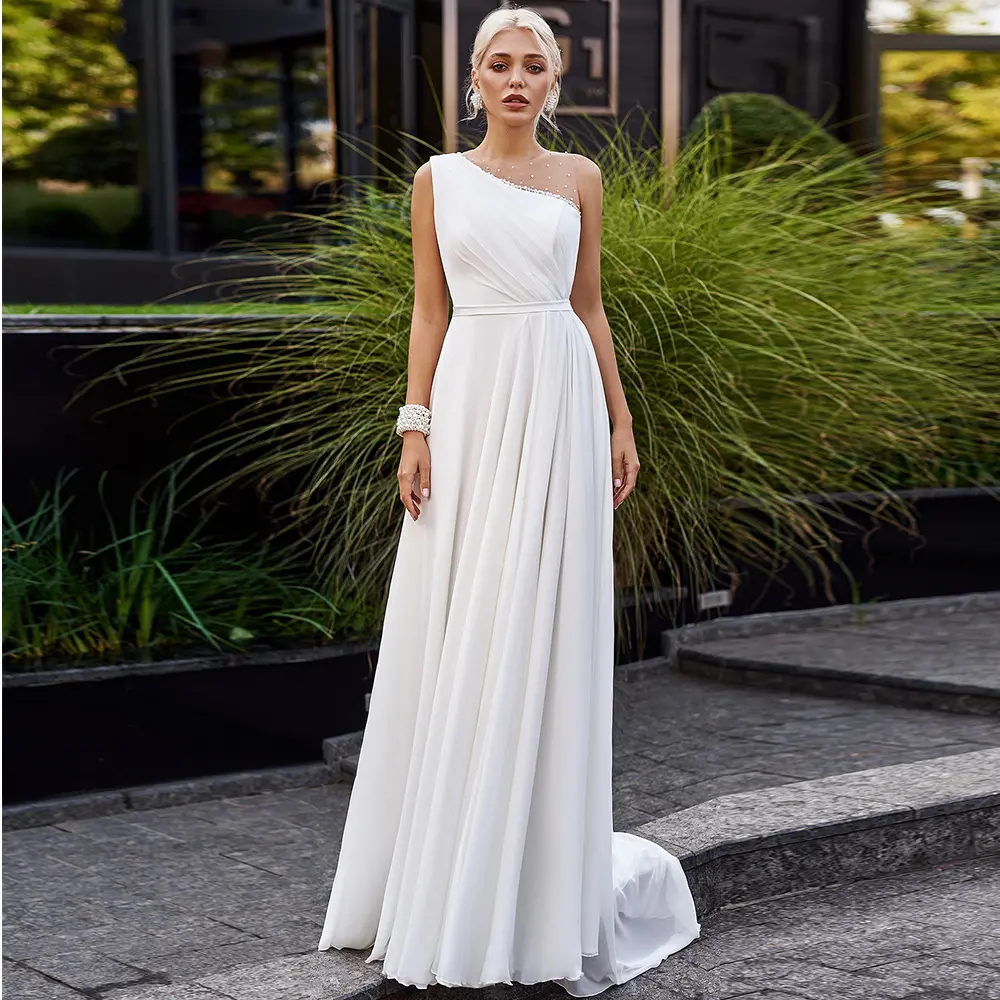 Boho Wedding Dress Customized Illusion One Shoulder Crystal Ladies Chiffon Beach Bridal Gowns A Line Zipper Back Bridal Dress