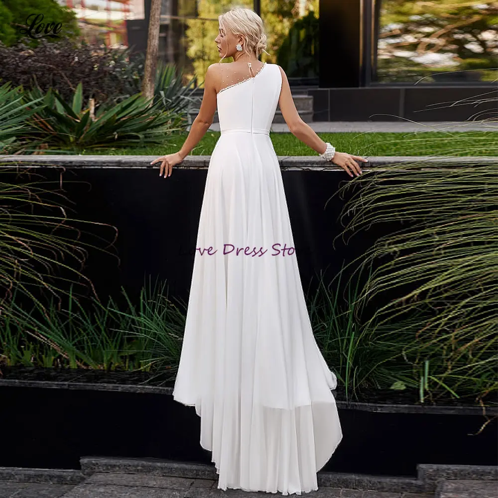 Boho Wedding Dress Customized Illusion One Shoulder Crystal Ladies Chiffon Beach Bridal Gowns A Line Zipper Back Bridal Dress