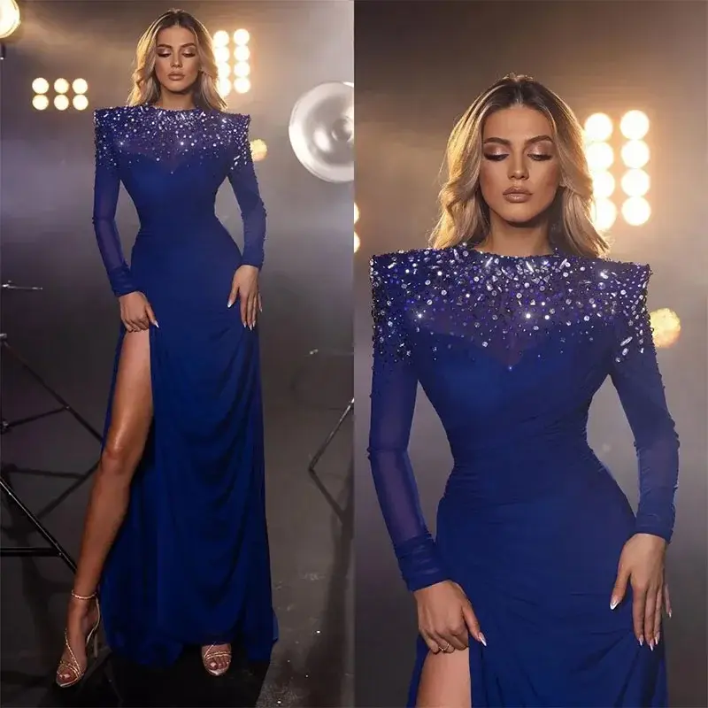 Customized Exquisite O Neck Evening Dresses Long Sleeves Slit Fashion Dresses for Special Ocn Royal Blue Formal Party Prom Dress