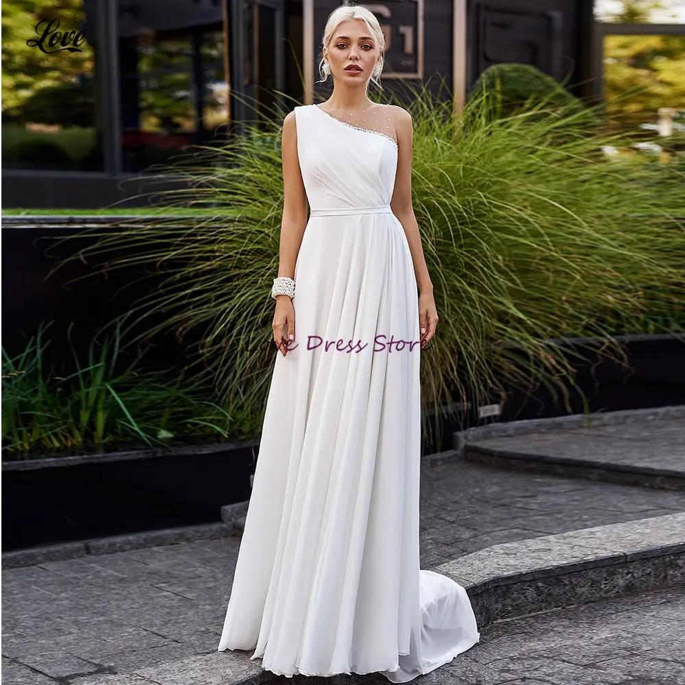 Boho Wedding Dress Customized Illusion One Shoulder Crystal Ladies Chiffon Beach Bridal Gowns A Line Zipper Back Bridal Dress