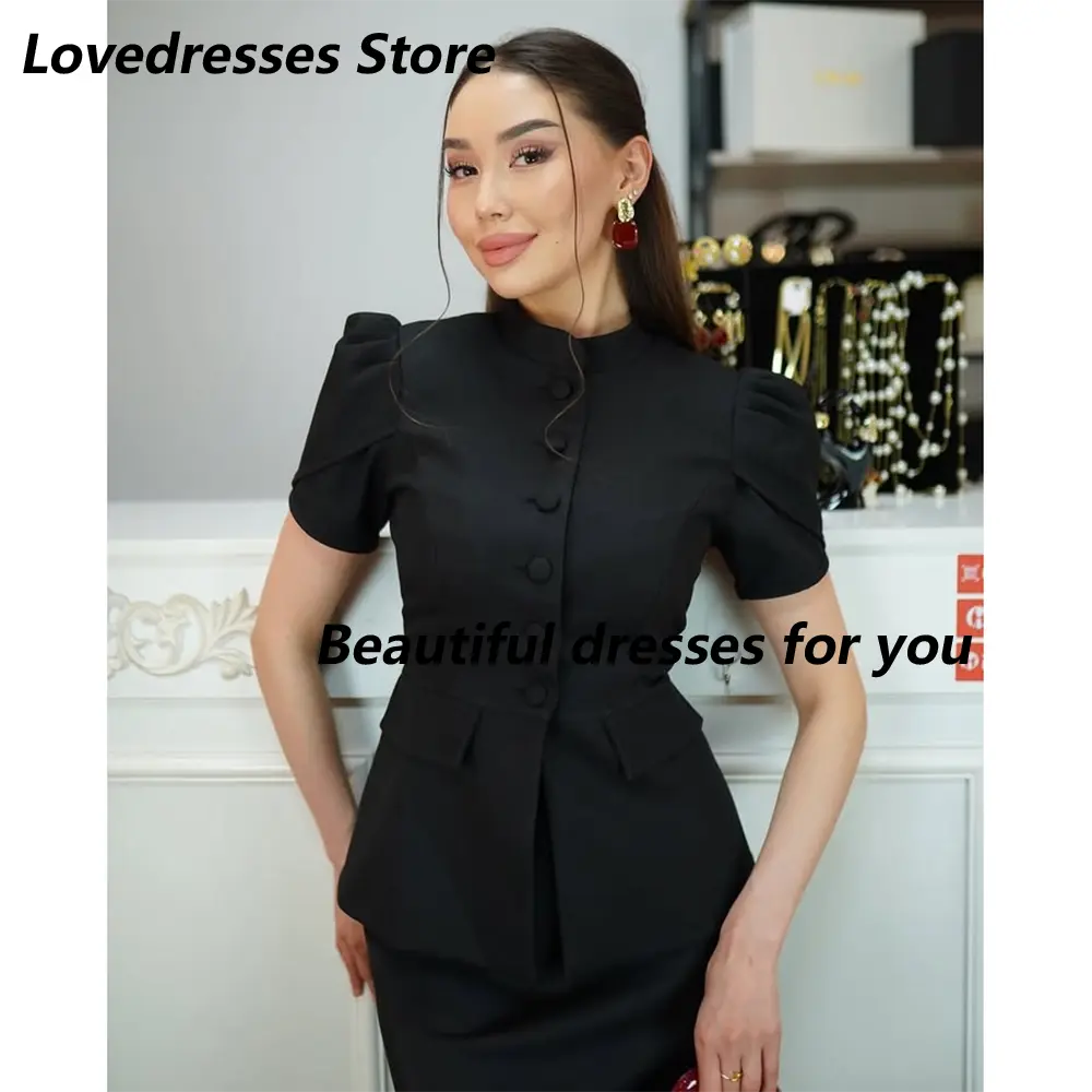 Black 2 Pieces Evening Dress Customized High Neck Short Sleeves Mermaid Floor Length Prom Dresses Formal Occasion Gown