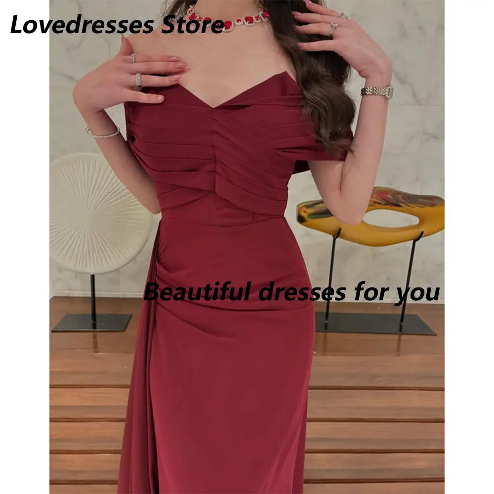 Burgundy Evening Dress Off The Shoulder Pleated V-Neck Mermaid Prom Gowns for Women Floor Length Formal Party Dress Customized