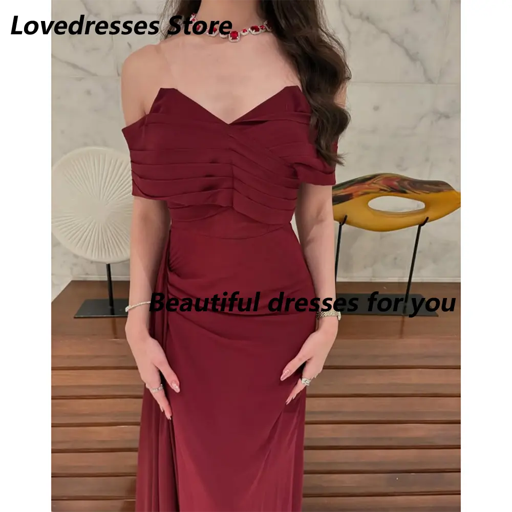 Burgundy Evening Dress Off The Shoulder Pleated V-Neck Mermaid Prom Gowns for Women Floor Length Formal Party Dress Customized
