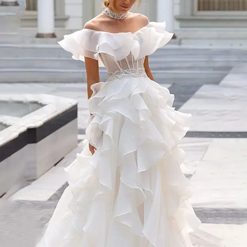 Customized Elegant A-Line Long Ruffles Prom Dresses for Women Off The Shoulder Floor-Length Special Events Wedding Gala Party