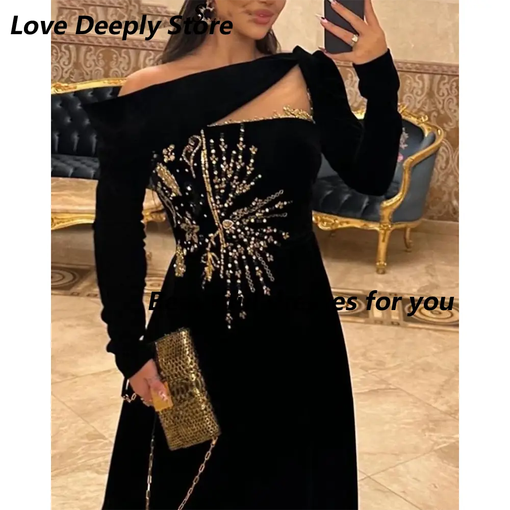 Customized Black One Shoulder Evening Dresses Long Sleeves Beadings Prom Dresses Floor Length Formal Party Dresses