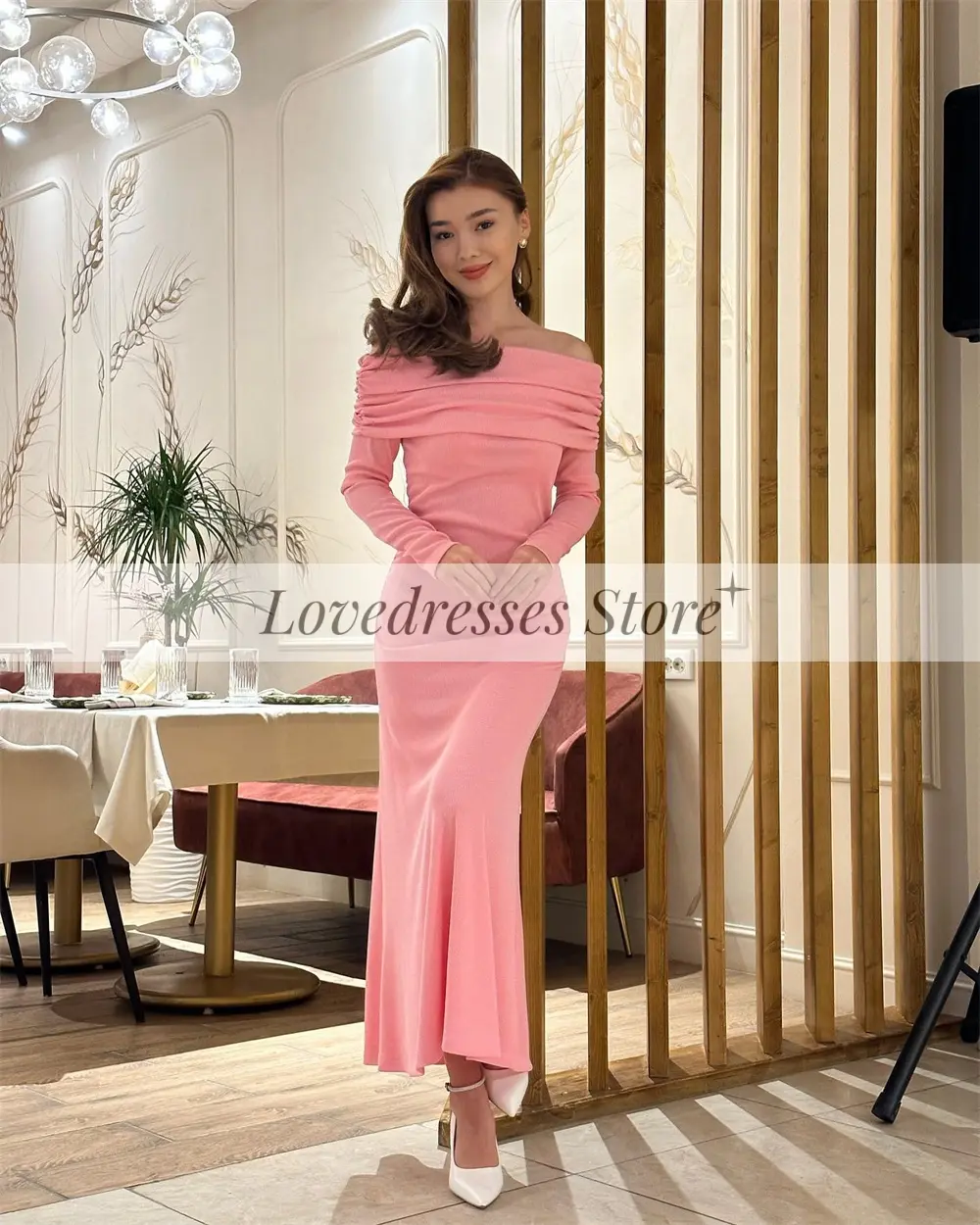 Pink Evening Dresses Off Shoulder Long Sleeves Evening Gowns Boat Neck Straight Ankle-Length Pleat Prom Dress Solid Color 2025