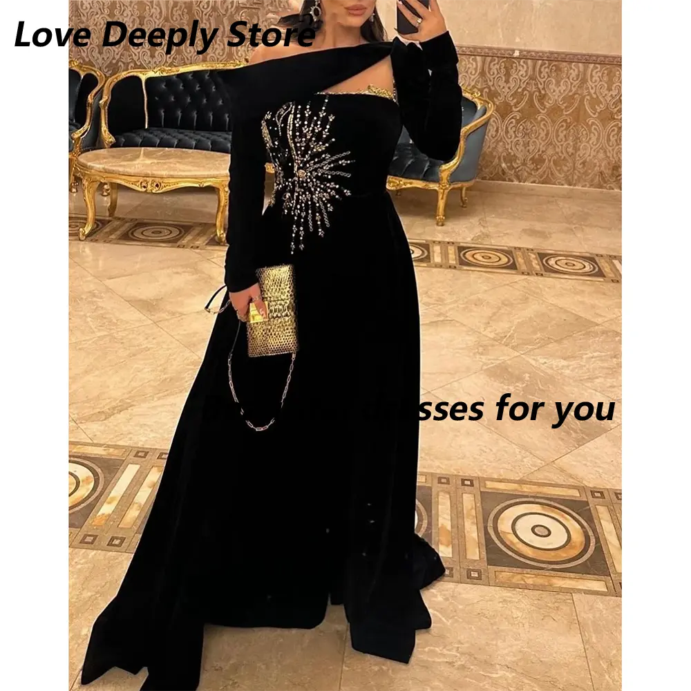 Customized Black One Shoulder Evening Dresses Long Sleeves Beadings Prom Dresses Floor Length Formal Party Dresses