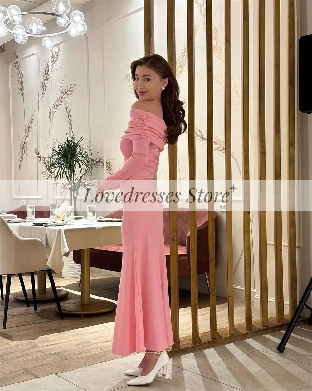 Pink Evening Dresses Off Shoulder Long Sleeves Evening Gowns Boat Neck Straight Ankle-Length Pleat Prom Dress Solid Color 2025