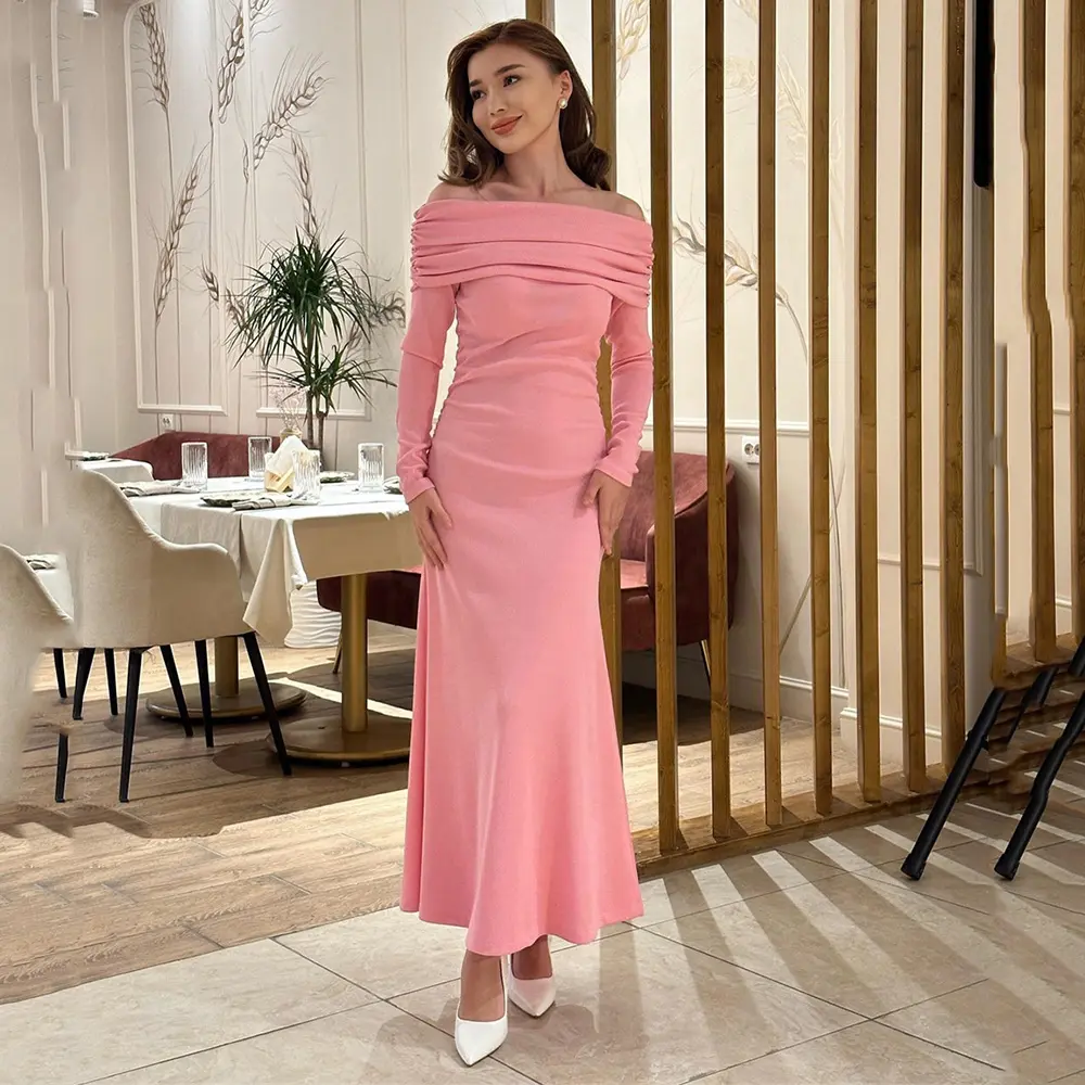 Pink Evening Dresses Off Shoulder Long Sleeves Evening Gowns Boat Neck Straight Ankle-Length Pleat Prom Dress Solid Color 2025